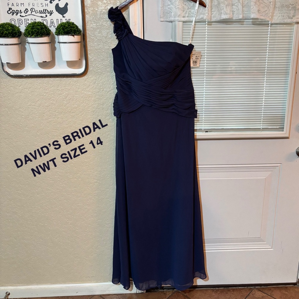 David's Bridal Midnight Blue One-Shoulder Gown